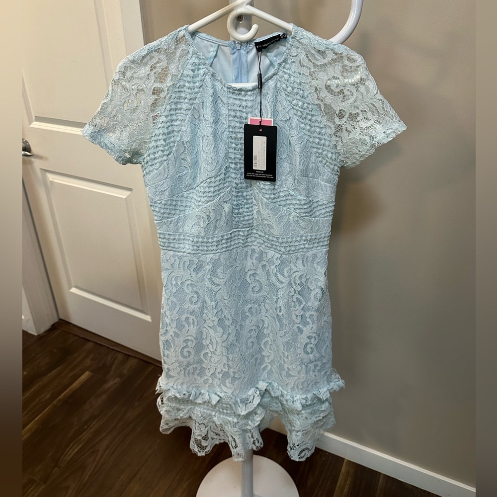 Dusty Blue Frill Hem Lace Bodycon dress from PLT. Size is US 8 (UK12)